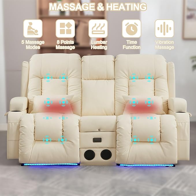 TUNYI Power Loveseat Recliner Sofa with Massage &amp Heat Home Theater Seating with Console RV Recliner Loveseat Sofa with USB/Storage/Side Pocket/LED Light/Speaker (Cream White Loveseat)