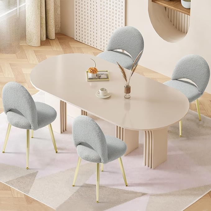 Vanity Chair with Adjustable Backrest Boucle Upholstery Armless Makeup Stool Gray Sherpa Vanity Stool with Gold Metal Legs for Bedroom Living Room Kitchen Dinning Room(Gray)