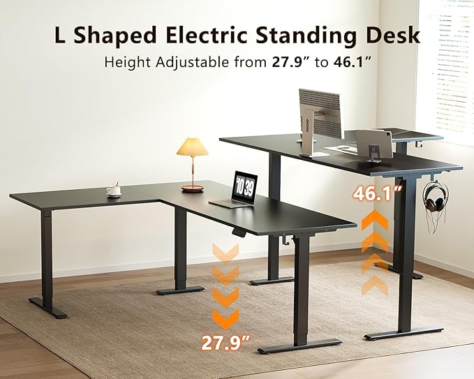 Casaottima 71 Inch Reversible Electric L Shaped Standing Desk Height Adjustable Corner Stand up Desk Ergonomic Large Lift Table for Home Office Workstation Reception Room Black