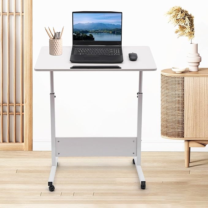 Adjustable Height Standing Desk Portable Laptop Desk on Wheels Rolling Computer Stand Mobile Small Standing Rolling Desk for Home Office 31 Lx16 W White