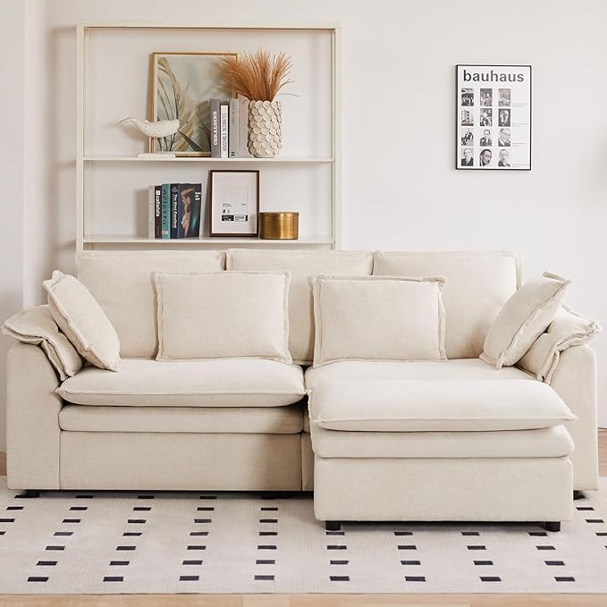 87 L Shaped Sectional Sofa Modular Deep Seat Sofa Couch with Ottoman Chenille Sofa Sleeper Comfy Upholstered Furniture for Living Room Apartment Studio Office (Beige L-Shaped)
