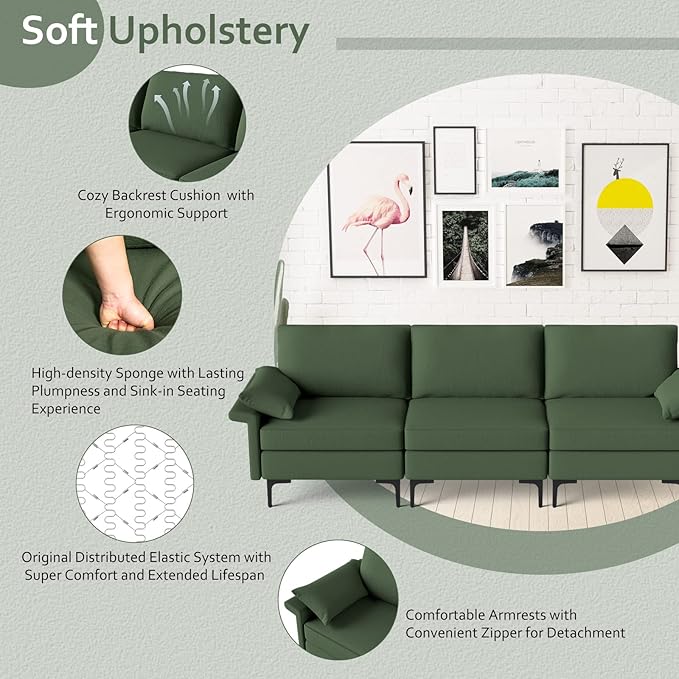 Giantex 3-Seat Sectional Sofa Couch 100.5 L Convertible Sleeper with Removable Armrest Cushion Modern Fabric Upholstered Modular Sofa for Living Room Apartment Dormitory Reception Room Green