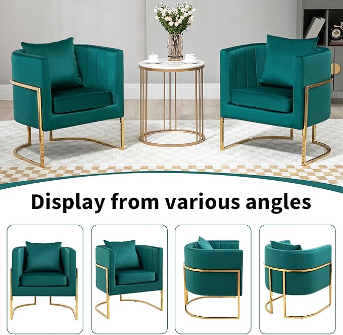 Modern Velvet Barrel Armchair with Lumbar Pillow Mid-Century Upholstered Accent Chair for Living Room Bedroom Single Sofa Club Reception Chair with Golden Metal Legs Green