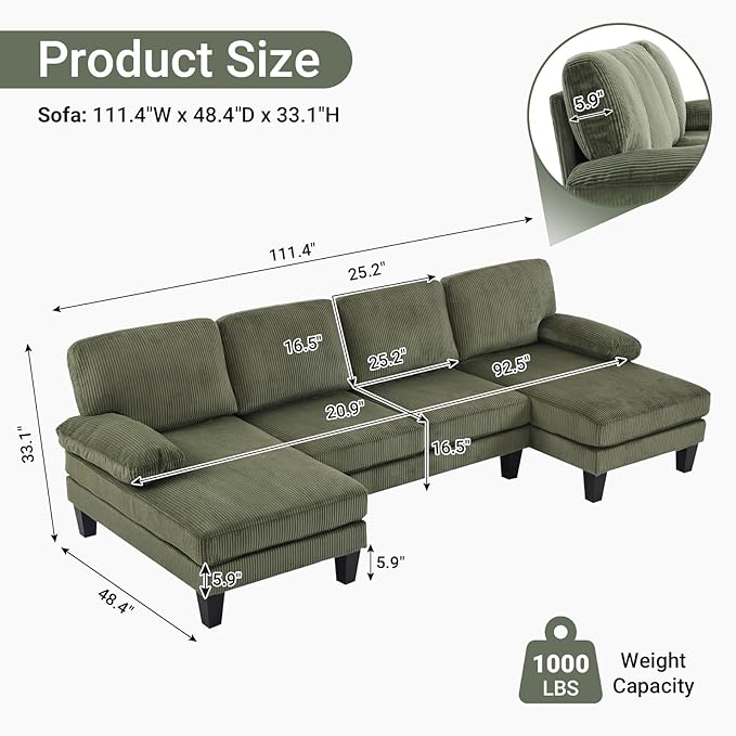 VINGLI 110 Sectional Couches for Living RoomU Shaped Couch with Double Chaise 4-Seat Sofa Set with Corduroy Fabric for Home FurnitureGreen