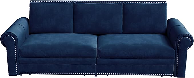 Ball &amp Cast 3-in-1 Convertible Sofa Bed93.7 Velvet Pull Out Couch Bed King Size Loveseat Sleeper Sofa with Nailhead Trim &amp Rolled ArmMulti-Functional Sofa Couches for Living RoomBlue