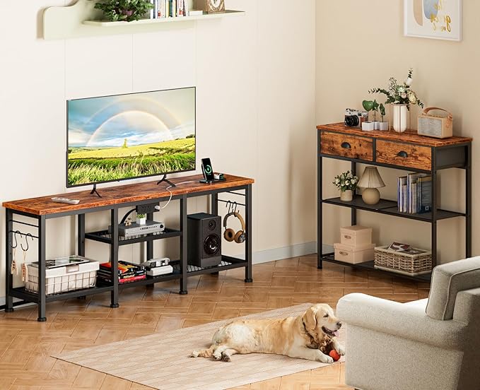 Furologee TV Stand with Power Outlets Entertainment Center with Open Storage Shelves for TVs up to 55 Inch Media Console Table with Soundbar Shelf for Living Room Bedroom Rustic Brown