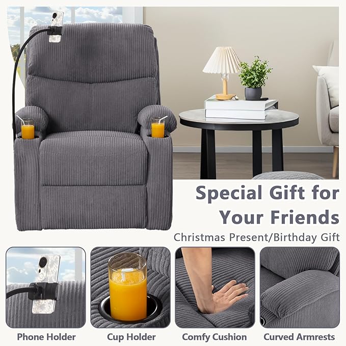 Manual Recliner ChairModern Corduroy Reclining Chairs with Phone Stand &amp Cup HoldersOverstuffed Single Sofa Recliner for AdultsLiving Room Bedroom Home Theater (Grey)