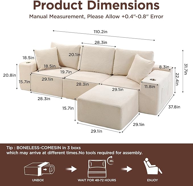 110Modular Sectional Sofa CouchesConvertible L-Shape Cloud Couch 3 Seat Oversize Chaise with OttomanCompressed FoamComfy BonelessSide PocketsCup Holders for Living RoomApartmentCorduroy Beige