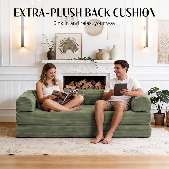 79 Corduroy Sofa Bed Boneless Couch in a Box with 2 Pillows High-Density Foam 4-in-1 Foldable Sleeper Futon Loveseat for Small Spaces No Assembly Side Pockets Green