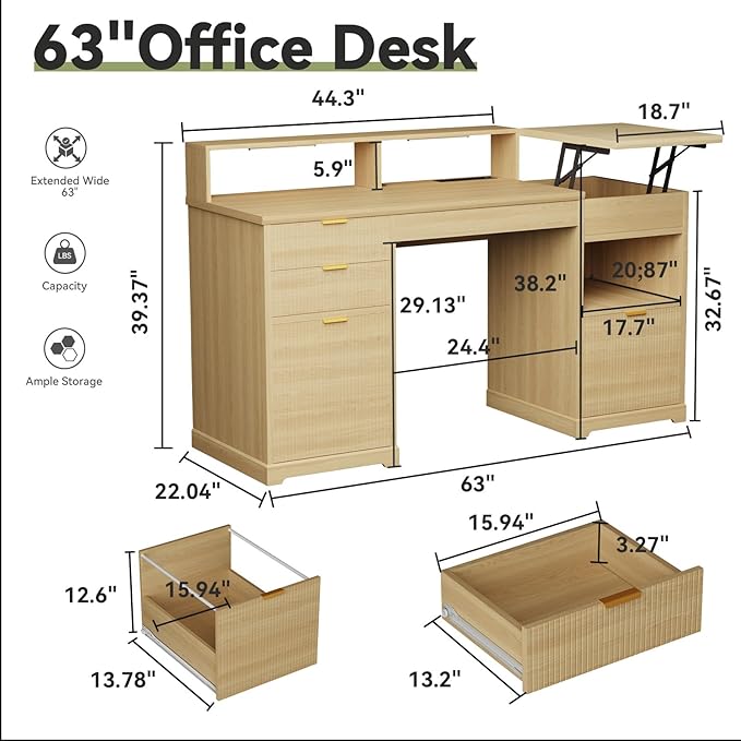 Fluted Desk with Drawers 63 Home Office Executive Desk with Lift Top Filing Cabinet Gaming Desk Charging Station Sensor Lights Computer Table with Monitor Stand Natural Wood