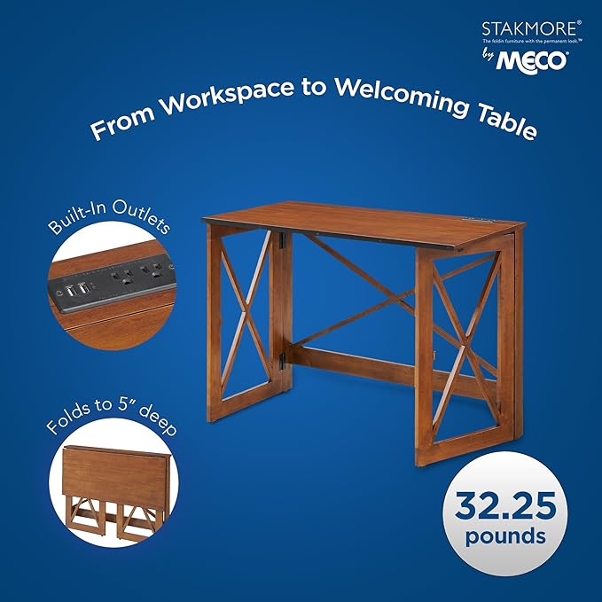 MECO Stakmore 110 Volt Stylish Versatile Expandable Folding Desk with Built in Outlets for Home Office Den or Living Room Fruitwood