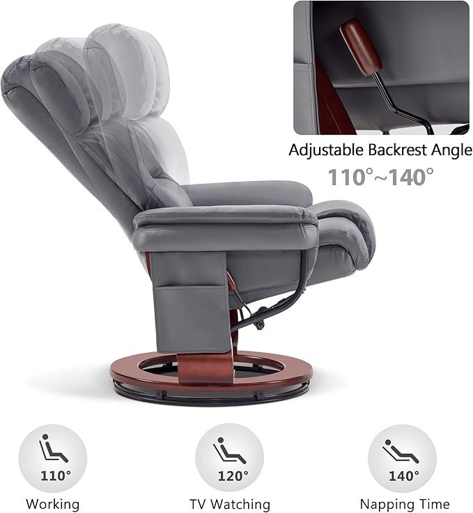 MCombo Swivel Recliners with Ottoman Reclining TV Chairs with Vibration Massage Faux Leather Ergonomic Lounge Chair for Living Room Bedroom 4832 (Grey)