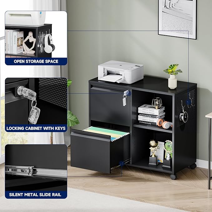 Yizosh 2-Drawer Metal File Cabinet with Lock Mobile Lateral Filing Cabinet Printer Stand with Adjustable Storage Shelves for Home Office (Black)