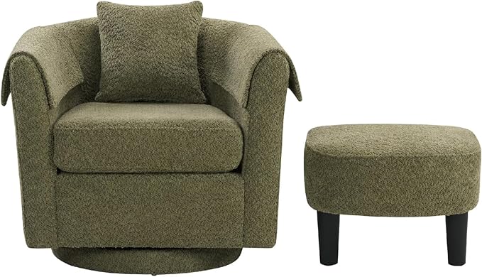Swivel Accent Chair with Ottoman Modern Chenille Comfortable Bucket Chair with Removable Pillow Small Couch Barrel Armchair for Small Spaces Living Room Bedroom Office (Green)