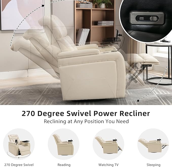 270 Degree Swivel PU Leather Power Recliner Individual Seat Home Theater Recliner with Comforable Backrest Tray Table Phone Holder Cup Holder USB Port Hidden Arm Storage for Living Room White