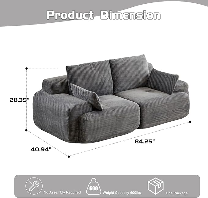 Modern Loveseat with Pillows Extra Deep Soft Cloud Love Seat with Multiple Corduroy Boneless 2 Seate Couch for Living Room Apartments Bedrooms Guest Rooms (Grey 2 Seat)
