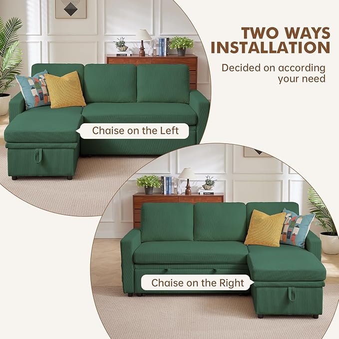 Pull Out Sleeper Sofa Bed 2 in 1 Pull Out Comfy Corduroy Couch with Storage &amp Side Pocket Convertible L Shaped Couch Bed for Living Room Apartment Green