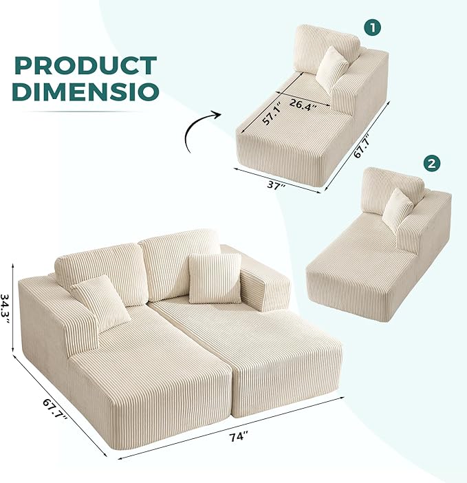 ANJ 74” Oversized Chaise Lounge Sofa Bed Boneless Modular Sofa 2-Piece Convertible Sleeper Couch with Deep Seat Upholstered Design for Living Room Bedroom Small Space No Assembly Required (Beige)