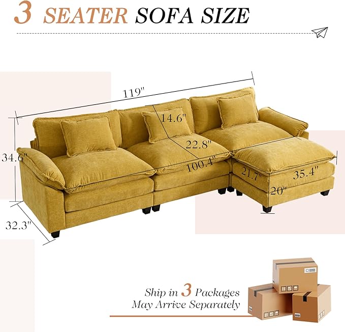 Modular Sectional Sofa 119 L Shaped Couch Set with Movable Ottoman Chenille Comfy Cloud Couch Sectional Set Extra Deep Seat Sofa with 3 Pillows for Living Room (Yellow 3-Seat &amp 1-Ottoman)