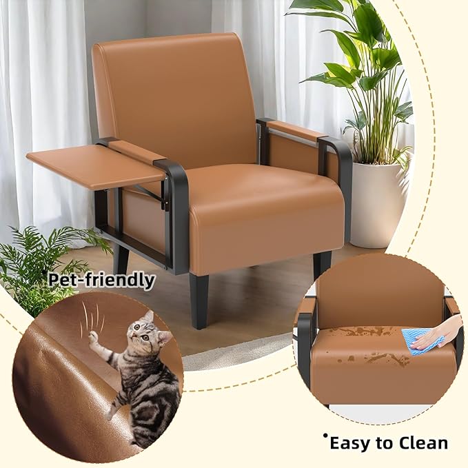 Faux Leather Accent Chairs Set of 2 Modern Upholstered Armchair with Tray Table Comfy Reading Chair for Living Room Bedroom Guest Room Brown