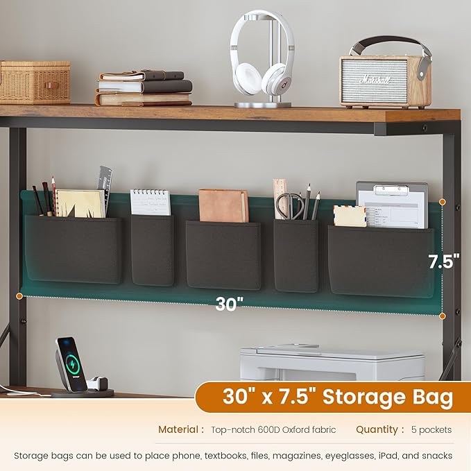 SEDETA L Shaped Desk with Drawers and Hutch 47.2 Reversible Office Computer Desk with 5 Fabric Drawers L Shaped Desk with Storage Shelves Power Outlet and LED Lights for Home Office Rustic Brown