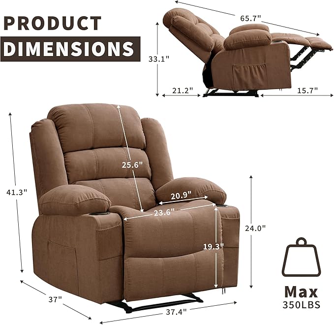 Wide Recliner Chair for Adults Large Manual Pull Tab Reclining Chair with Dual Cup Holders 3 Recline Positions Side Pockets Supports 350 Lbs Overstuffed Single Sofa for Living Room