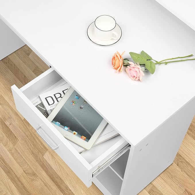 Karl home Computer Desk Study Writing Desk PC Laptop Table Wooden Home Office Workstation with Drawer Shelf Keyboard Tray White
