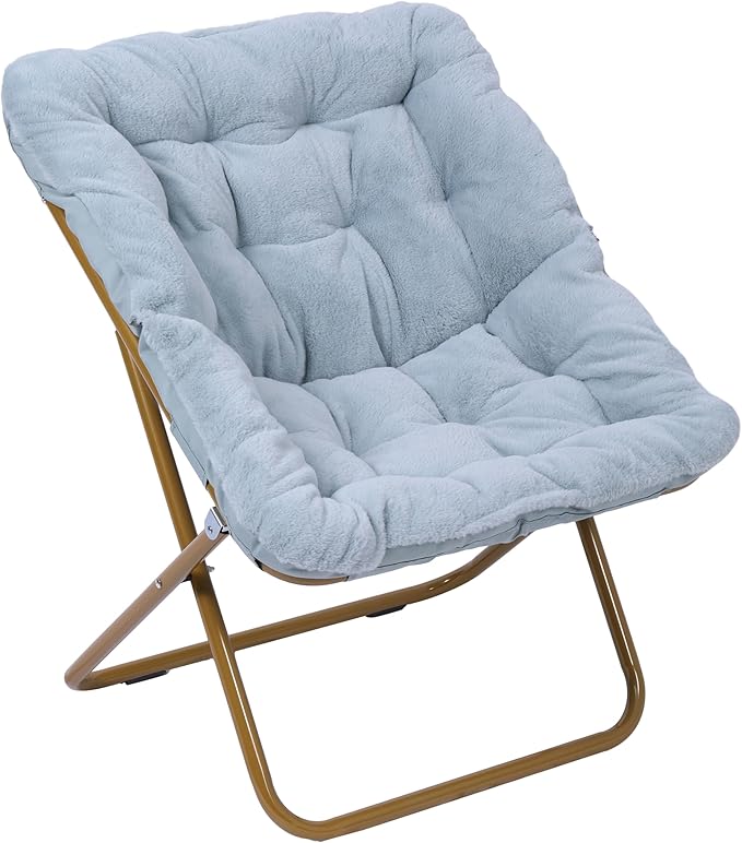 Flash Furniture Archer Saucer Chair with Folding Steel Frame Portable Oversized Saucer Chair for Dorm or Bedroom 28 Dusty Aqua Faux Fur/Soft Gold Frame