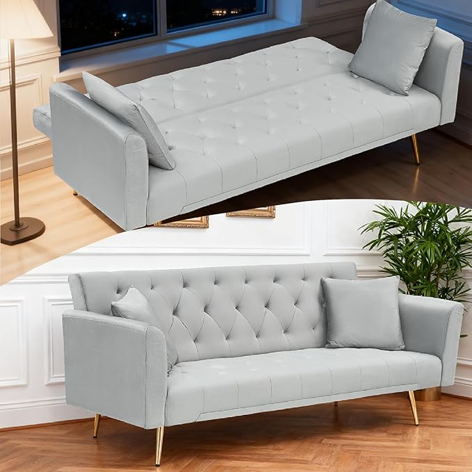 71 Velvet Futon Sofa Bed Convertible Sleeper Couch with 2 Pillows - Modern Loveseat Small Sofa 3-Angle Adjustable Backrest Golden Metal Legs for Living Room Bedroom Apartment Easy Assembly (Gray)