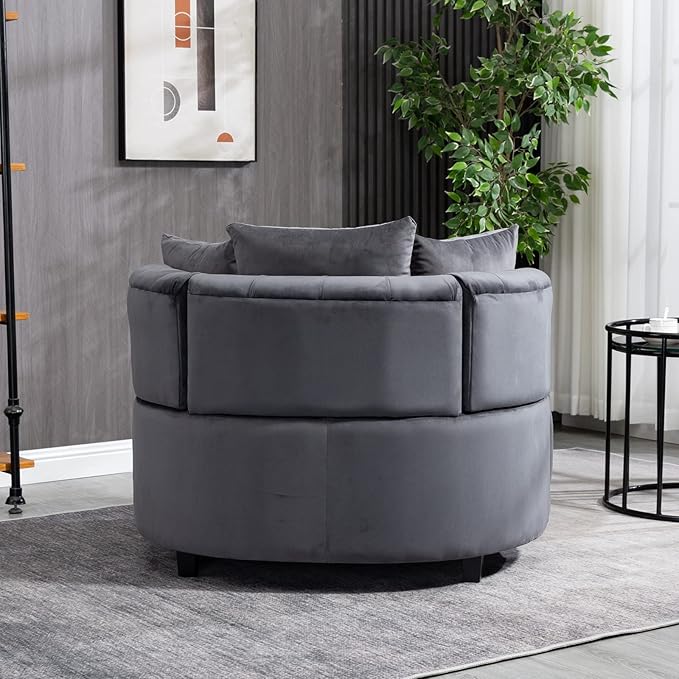 Round Accent Chair 40” Modern Velvet Sofa Chair with 3 Pillows Comfy Upholstered Tufted Club Lounge Chair for Living Room Bedroom Grey