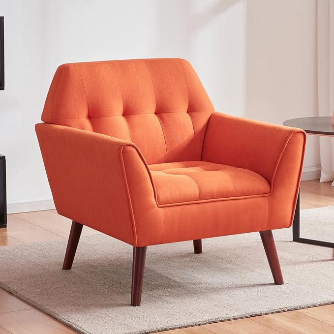 Kingfun Accent Chairs for Bedroom Midcentury Modern Accent Arm Chair for Living Room Linen Fabric Comfy Reading Chair Tufted Comfortable Sofa Chair Upholstered Single Sofa Orange