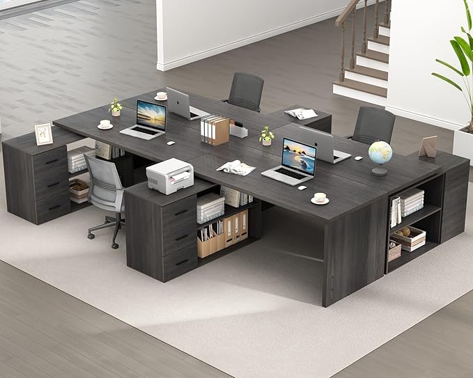 HSH L Shaped Computer Desk with Drawers L Shaped Desk with Storage Cabinet Shelves Large Reversible Corner Executive Home Office Desk Industrial Wood Work Writing Study Table WorkstationGray 60 In