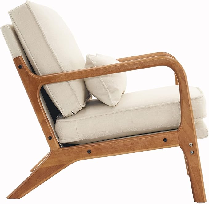 Mid Century Modern Accent Chair with Wood Frame Upholstered Living Room Chairs with Waist Cushion Reading Armchair for Bedroom Sunroom (Off-White)