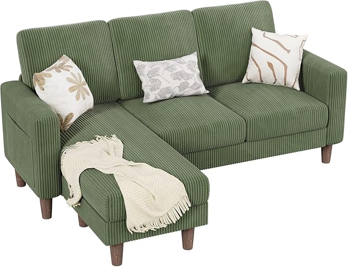 Homall Convertible Sectional Sofa 3 Seat L Shaped Couch with Side Storage Pocket Sofas with Movable Ottoman Corduroy Small Couches for Living Room &amp Apartment (Corduroy Green)