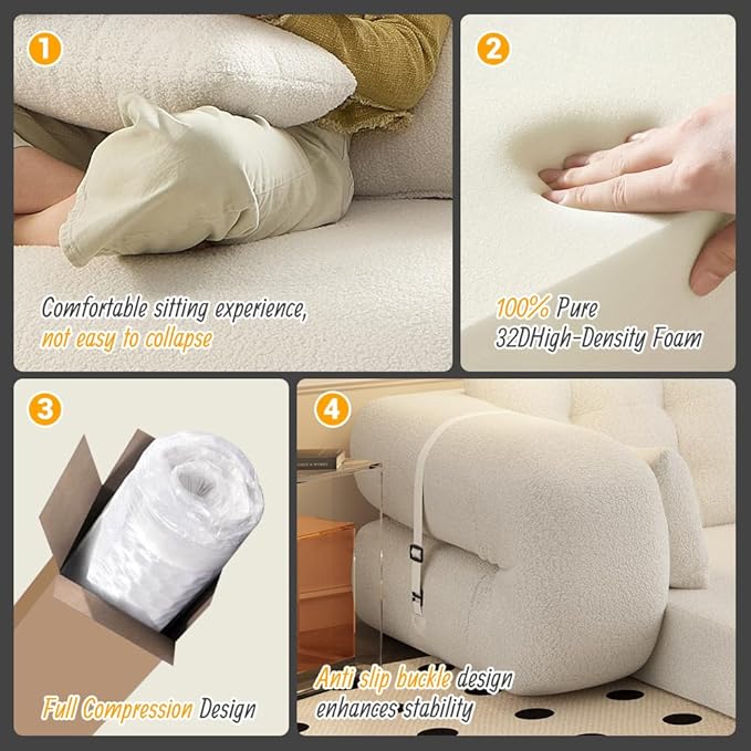 78.7 Folding Sofa Bed Queen Foldable Floor Futon Sofa Sleeper Convertible Boneless Mattress Loveseat Cloud Couch for Home Living Room Bedroom Lounge Apartment and Small Spaces Beige Teddy