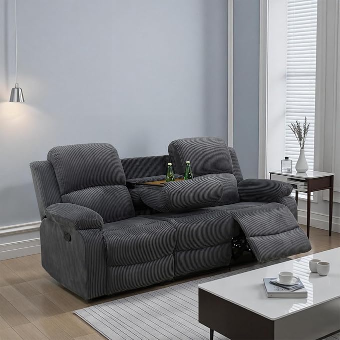 Fabric Recliner SofaReclining Sofa for Living Room Furniture SetsDark Gray Wall Hugger Recliner Couch with Hidden Table/Cup Holders for Living Room/Theater Seating(3 Seater Sofa)