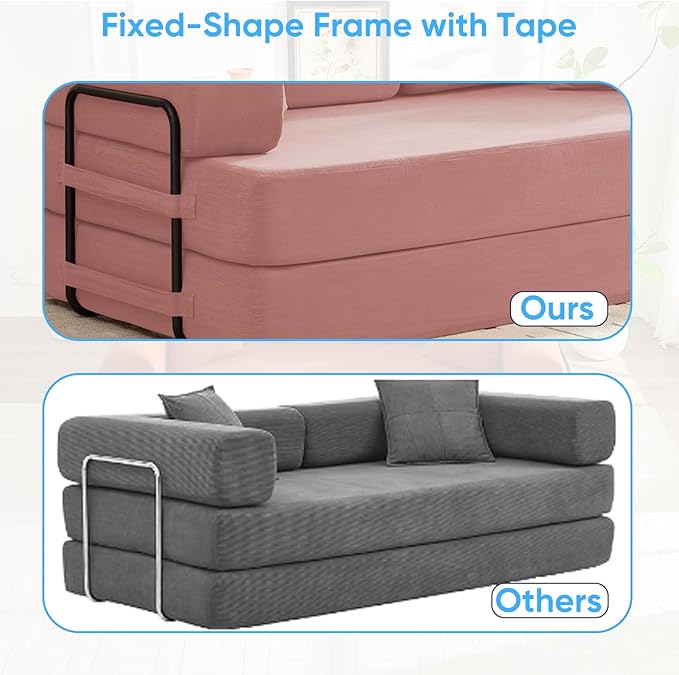 Mjkone 78.7 W Convertible Folding Mattress Couch with Armrest Corduroy Floor Sofa Bed with Metal Fixed-Shape Frame 5-in-1 DIY Futon Lazy Sofa Cama Lounge Couch for Living Room Bedroom Studio Pink