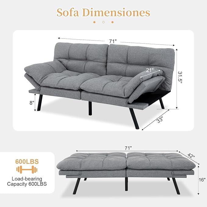Opoiar Futon Sofa Bed Modern Memory Foam Sleeper Sofa Convertible Couch Adjustable Armrest&ampBackrest Leather Futon for Living SpaceApartmentOffice Sofabed