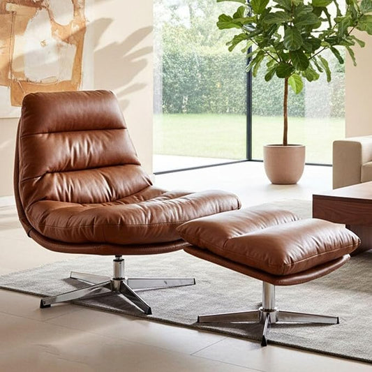 HNY Brown Swivel Lounge Chair with Ottoman Modern PU Leather Accent Chair with Footrest 33'' Wide Oversized Armless Upholstered Reading Chair with Footstool for Living Room Bedroom Comfy
