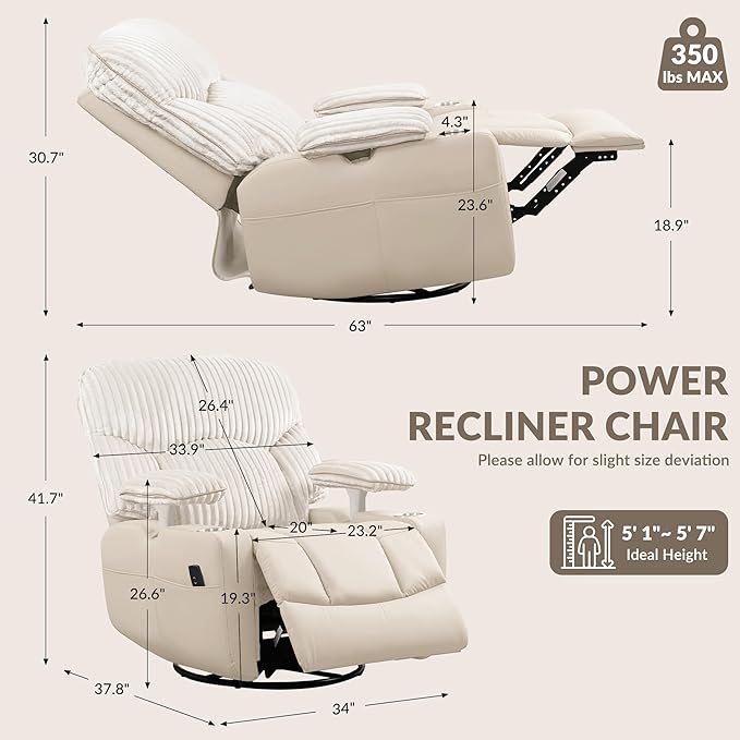 SUNWAVE Power Nursery Rocking Chair with Adjustable Armrests Nursing Chair with USB Cup Holders &amp Blanket Swivel Rocker Recliner with Corduroy and PU Leather Mixed Fabric (Beige)