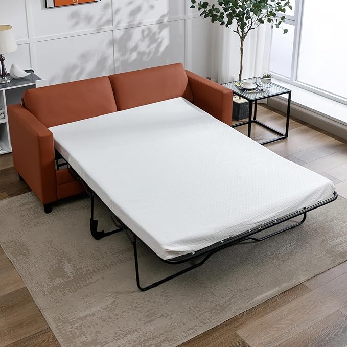 Full Size Pull Out Sofa Bed 2 in 1 Sleeper Sofa with Memory Foam Fold Out Mattress Modern Convertible Couch Bed with Faux Leather for Living Room Guestroom Apartment (Cognac Hue)