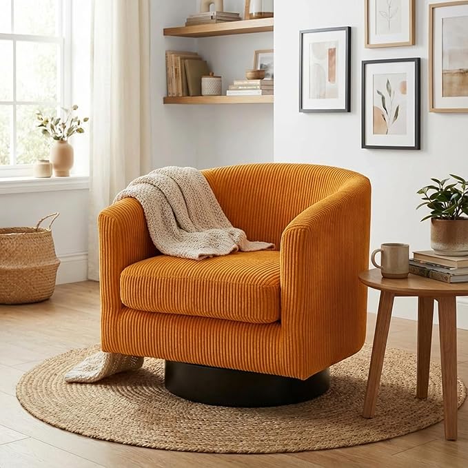 Swivel Accent Chair 360°Swivel Barrel Chair Comfy Upholstered Corduroy Club Armchair for Living Room Reading Room Bedroom (Yellow)