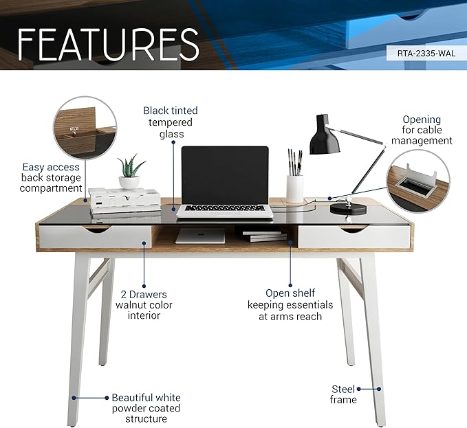 51 Compact Computer Desk with Black Tempered Glass Top Easy-Access Back Storage Compartment 2 Drawers Open Shelf and Cable Management Stylish Home Office Desk with White Steel Frame Walnut
