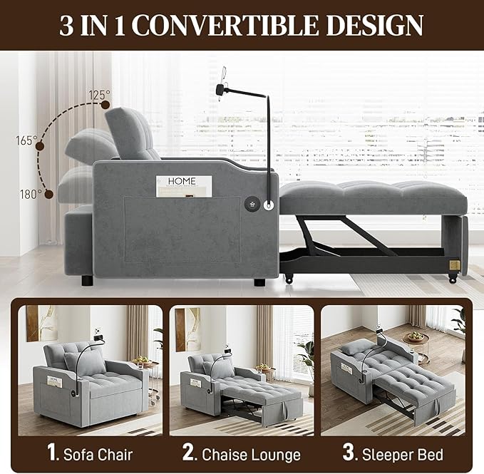 Sleeper Sofa Chair Bed 3 in 1 with Charging Ports Phone Holder &amp Cup Holders - Modern Velvet Convertible Pull Out Single Sofa Bed for Small Spaces Apartment Dorm (Light Gray)