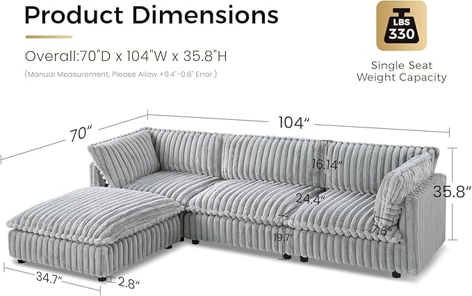 KKL Modular Sectional Couch for Living Room L Shaped Corduroy Couches with 1 Ottomans 4 Seater Oversized Sofa Soft Fabric Modern Sofa Grey