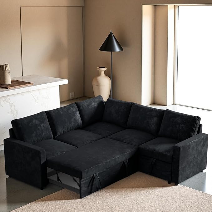 Modular Sofa Bed Couch with Storage 82 Reversible Sleeper Sofas with Pull Out Bed Pull Out Couch for Living Room Apartment Bedroom Office Velvet Black