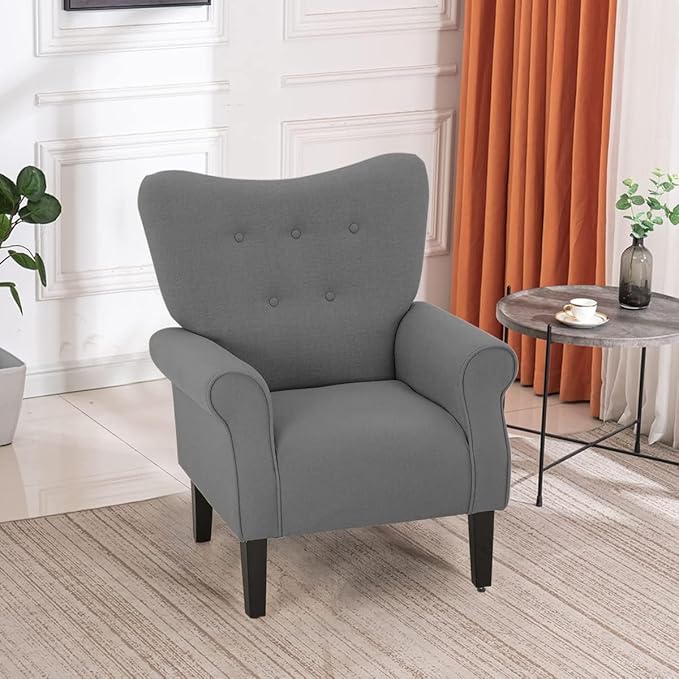YOLENY Modern Accent ChairHigh Back ArmchairUpholstered Fabric Button Single Sofa with Wooden Legs for Living RoomBedroomClubGrey