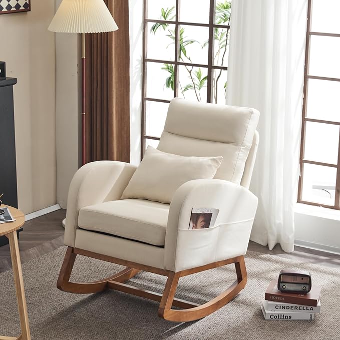 VINGLI Beige Linen Nursery Rocking Chair with Thick HeadrestMid-Century Modern Nursing RockerUpholstered Glider with Curved Armrest Sturdy Solid Wood Base for Living Room Bedroom Baby Room