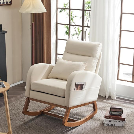 VINGLI Beige Linen Nursery Rocking Chair with Thick HeadrestMid-Century Modern Nursing RockerUpholstered Glider with Curved Armrest Sturdy Solid Wood Base for Living Room Bedroom Baby Room