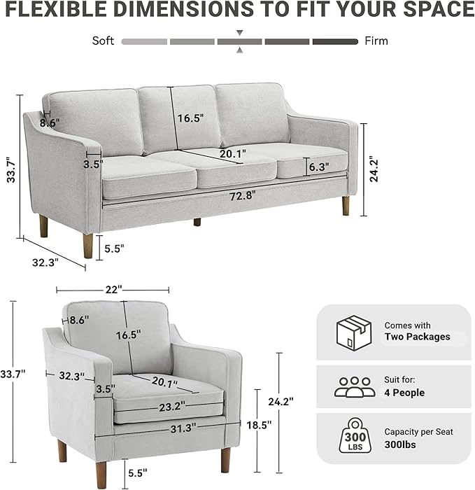 Kingfun Living Room Furniture Sets 3 Seater Couch and Loveseat Mid Century Modern Sofa Set Chenille Couch with Solid Wood Frame for Living Room &amp Bedroom Silver Gray